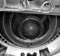 [32491: 10/22/58] Looking into a real Jupiter warhead, showing impact fuse which exists in addition to a proximity fuse. There was also an electronic fuse (time into flight?)  [CCMD, Ed May]