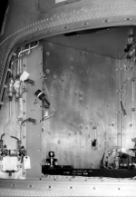 [69865: 12/7/1959]  Looking into another quadrant. The "ball joint" device is an attachment point for the ST-90 Stabilization Platform. Sheet metal cover over the exposed vertical bracket used for cooling around stabilization platform.  [CCMD, Ed May]